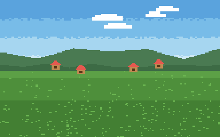 A green meadow with huts on the horizon.