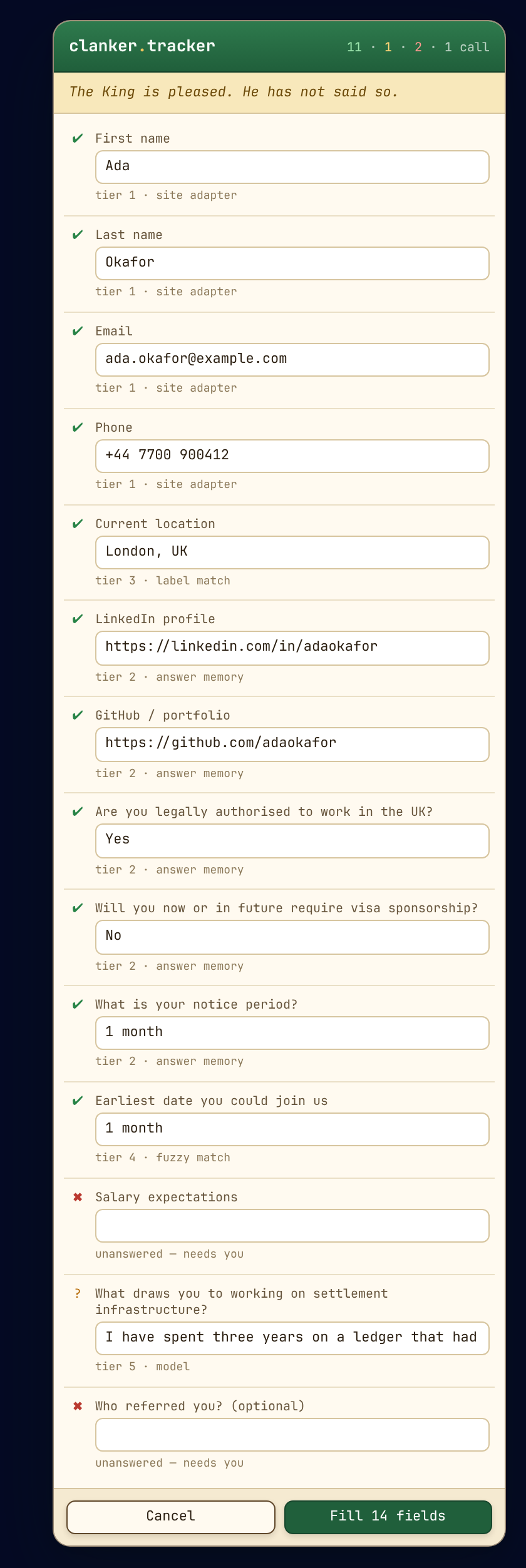The review overlay on a job board: fourteen fields, each labelled with the tier that answered it.