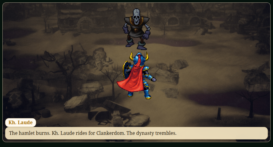 The battle screen: a knight in blue and gold armour, seen from behind, facing a monster across the dust of a ruined town, with a message window below.